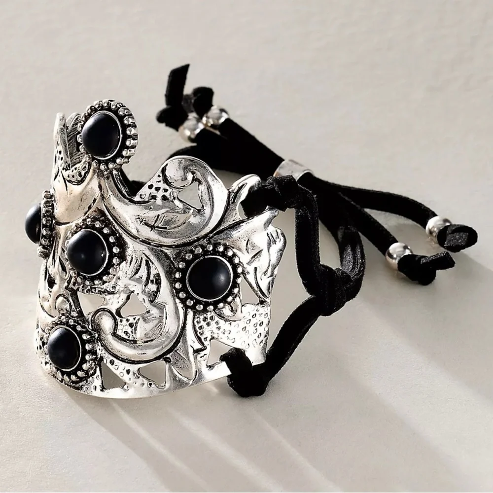 Free People Bohemian Witchy Ornate Coronation Cuff Bracelet Black Silver NWT